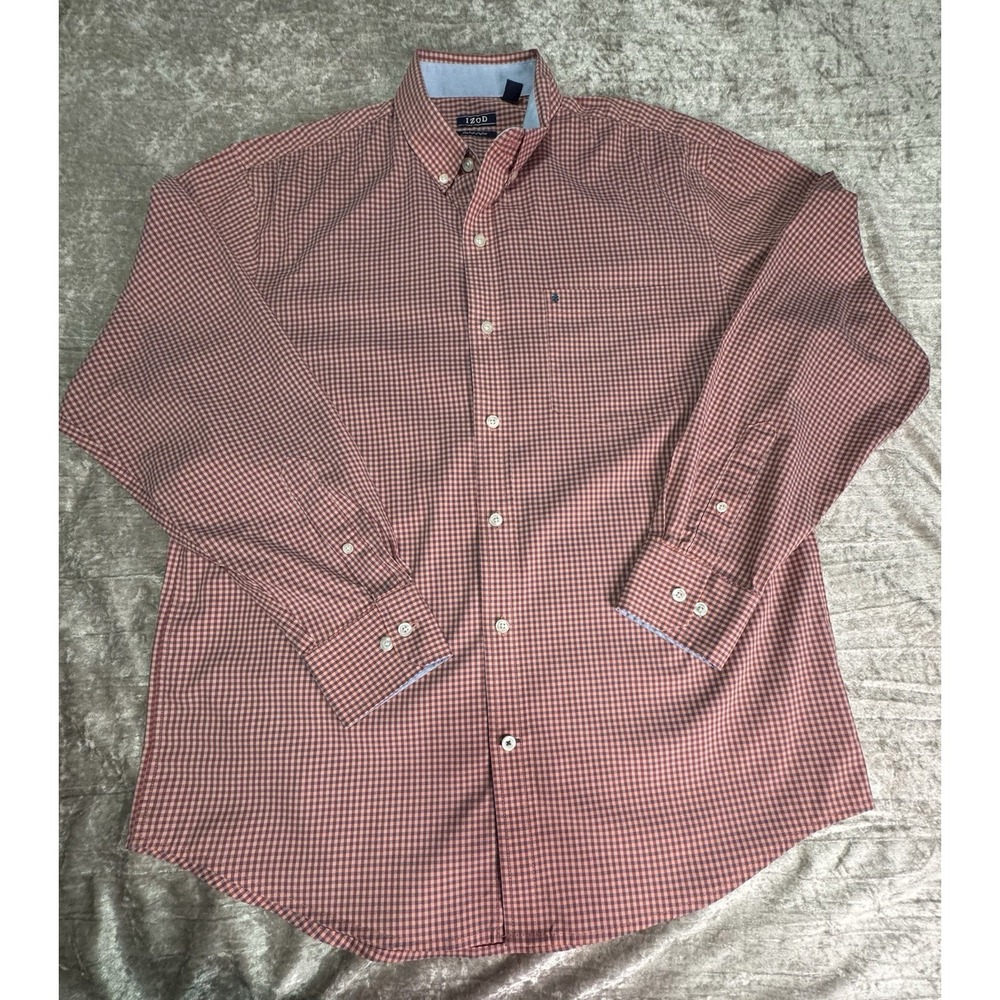 IZOD Mens M Red Blue Check Cotton Blend Non-Iron Stretch Button-Down Shirt